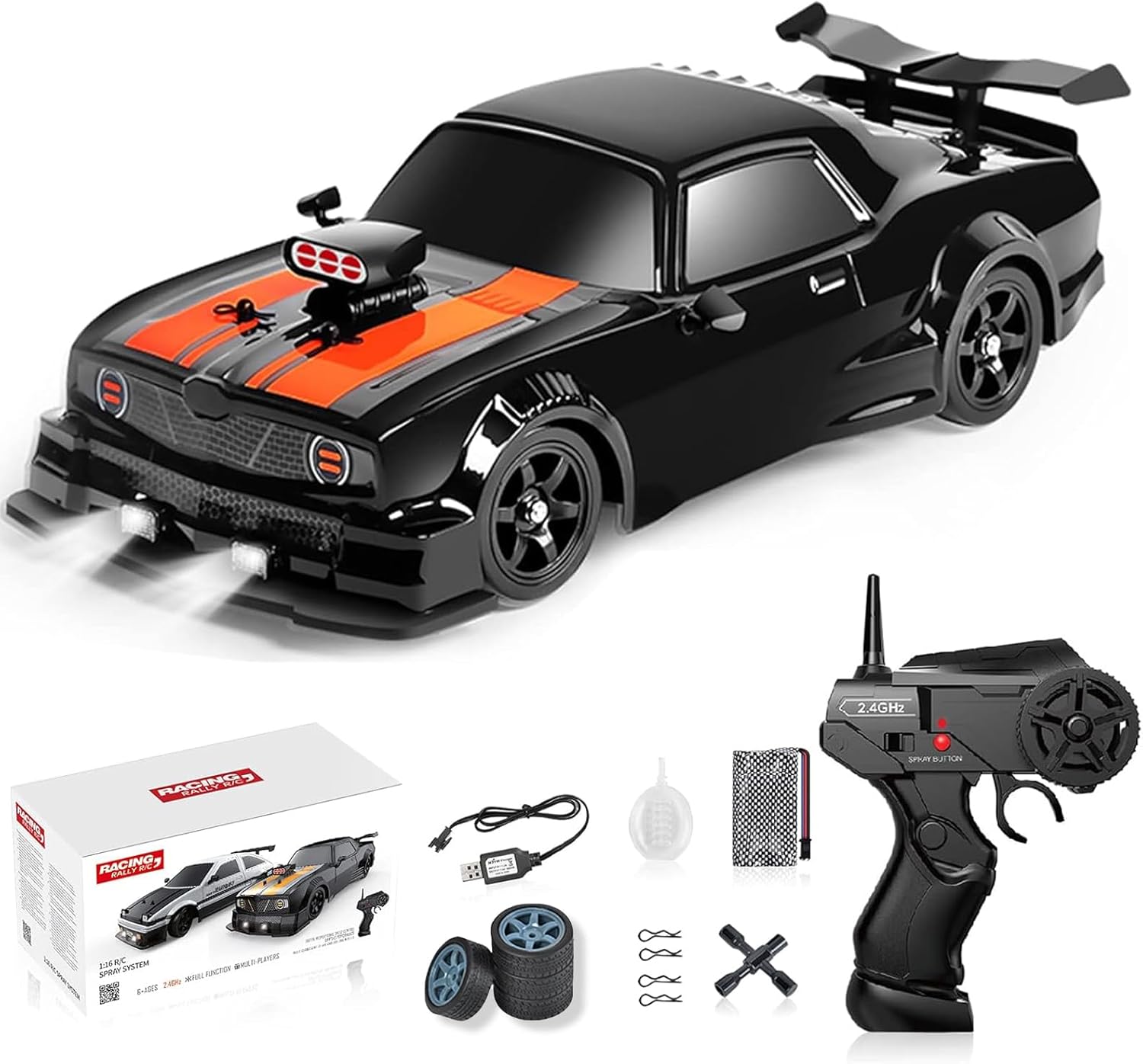 GoolRC Remote Control Drift Car, 1:16 Scale Fast and Furious Cars 18KM/H High Speed RC Cars 2.4GHz 4WD Remote Control Race Car LED Lights Spray Rubber Tire for Adults Boys Girls Kids Gift