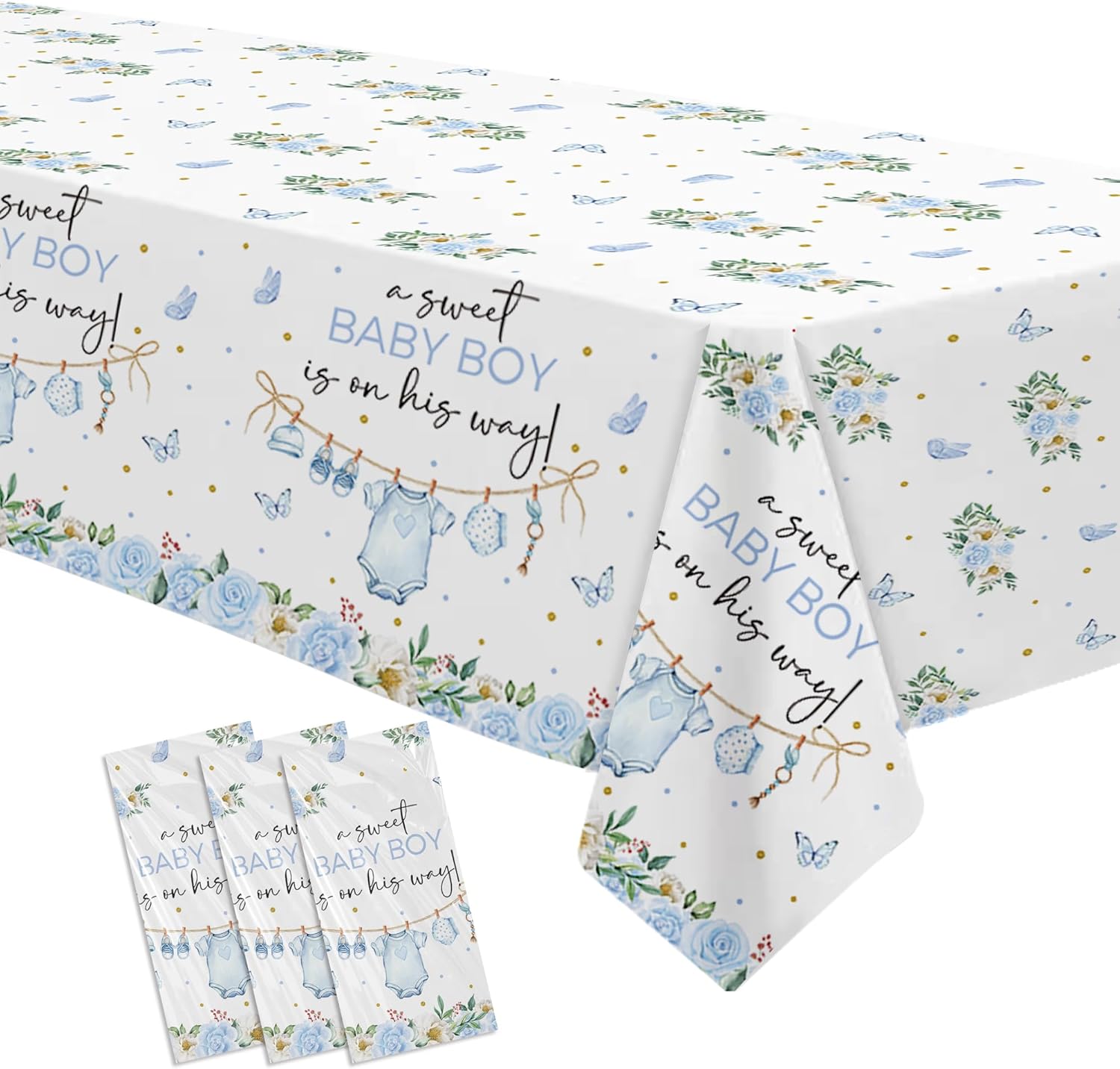 Srua Don Blue Baby Boy Baby Shower Decorations Tablecloth, Greenery A Sweet Boy is On His Way Party Supplies Table Cover, Baby Boy Party Table Cloth, 3 Pack, 55in x 86in