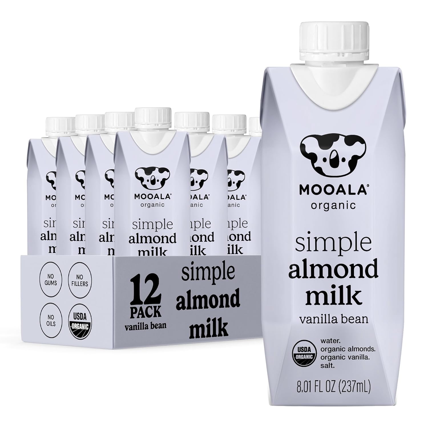 Mooala Organic Simple Almondmilk Vanilla- Shelf Stable Single Serve Cartons, 4 Ingredients, No Gums, No Oil, No Fillers, Dairy Free Plant Based Milk, On The Go 12 Pack
