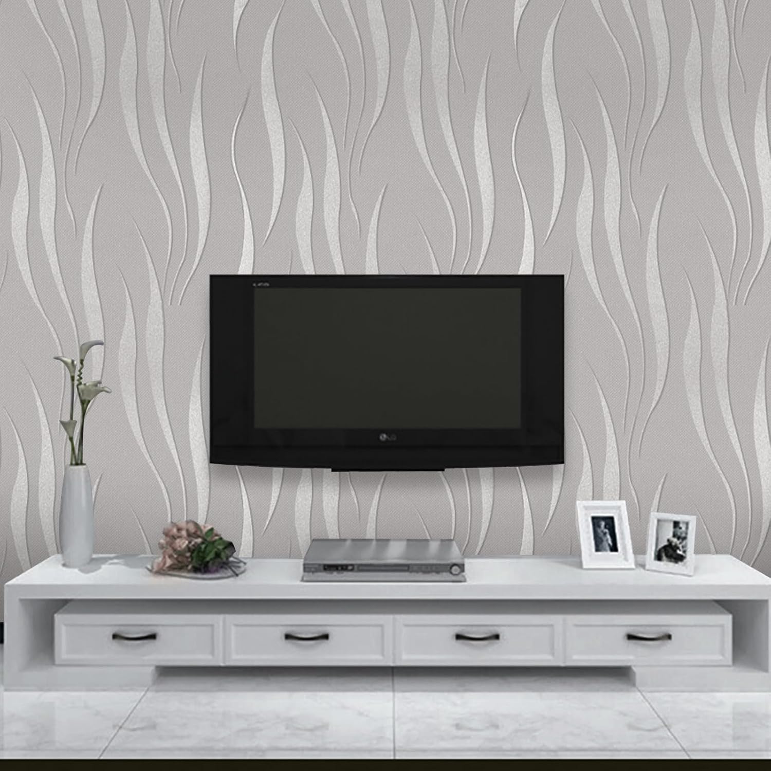 Trafagala Grey White Embossed Wallpaper Non-Woven Wave Stripes Roll 3D Silver Glitter Wallpaper Feature Modern Geometric Patterned Taupe for Livingroom Bedroom Kitchen