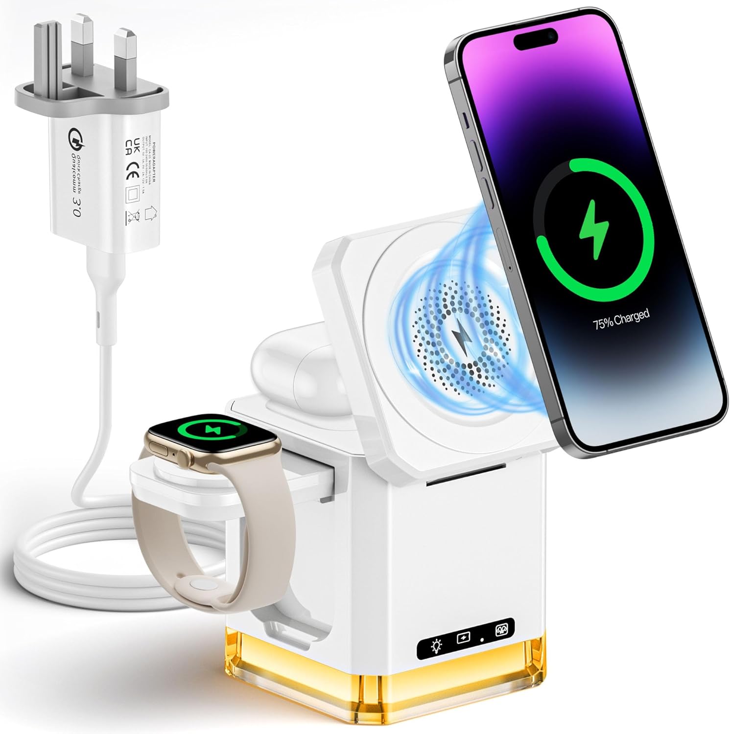 3 in 1 Wireless Charging Station for iPhone 16 15 14 13 12 11 Pro Max, 15W Mag-Safe Charger Fast Charge Wireless Charger iPhone and Watch Charger Stand for Apple Watch 9/8/7/6/5/4/3, AirPods Pro 4/3/2