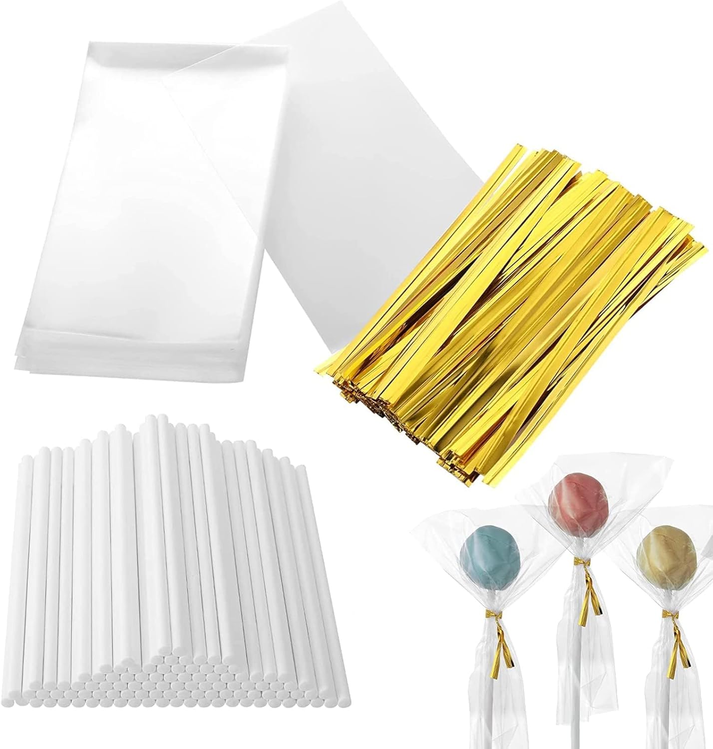 300Pcs Lollipop Making Tools,Lollipop Sticks 100Pcs Cake Pop Bags 100Pcs Cake Pop Sticks and 100Pcs Twist Ties, Cake Pop Sticks, Cake Pop Sticks and Bags, Lollipop Sticks for Cake Pops, Cake Pop Bags
