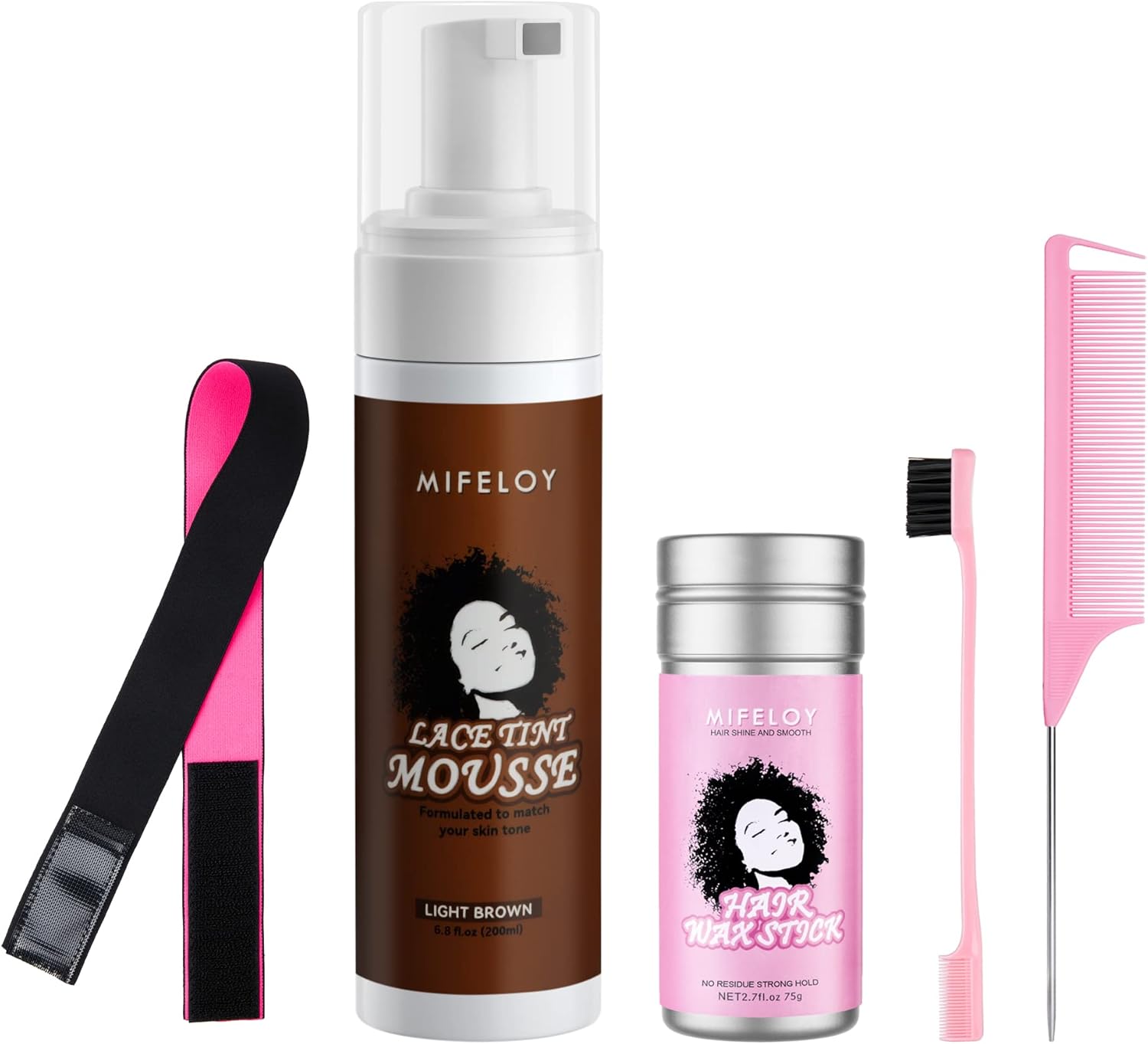 5 Pcs Wig Tool Kit, 200ml Lace Tint Melting Hair Mousse Foam, Mocha Dark Brown Toupees Spray Glue, 75g Styling Wax Stick Pomade Gel, Edge Control Brush, Needle Tail Comb, Wig Band