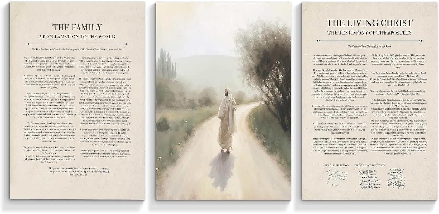 QUTBAG 3 Piece The Living Christ Family Proclamation Canvas Wall Art - Jesus Painting Mormon Art Poster - Latter Day Saint LDS Pictures Print - Christian Catholic Bible Verse Decor 16x24in Unframed