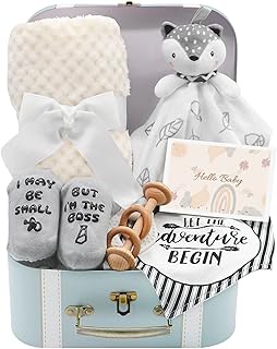 Baby Shower Gifts, Baby Boy Gifts Basket Includes Newborn Blanket Baby Lovey Security Blanket Wooden Rattle Toy, Funny Baby Bibs Socks & Greeting Card - Baby Gift Set Newborn Shower Basket
