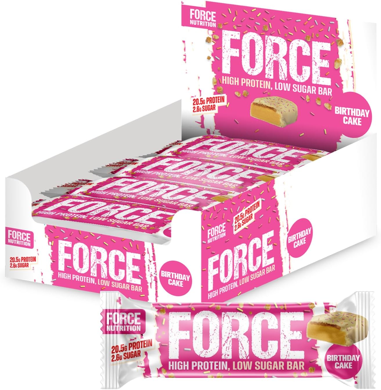 Force Protein Birthday Cake Bar- High Protein, Low Sugar, 12X65G - 20.5g of Protein