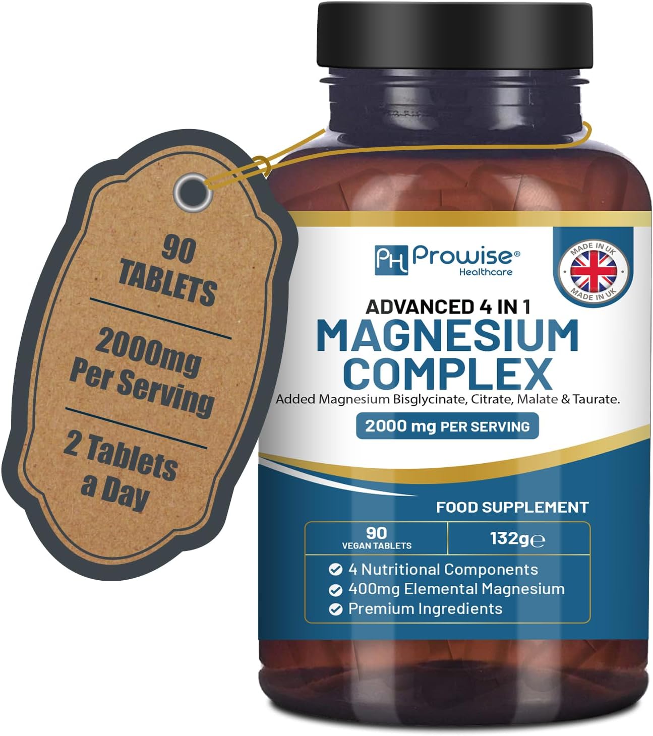 Magnesium Glycinate Complex 4 in 1-2000mg per Serving | Precise 400mg Elemental dose | Added Magnesium Bisglycinate, Citrate, Malate & Taurate | 90 Vegan Tablets - by Prowise