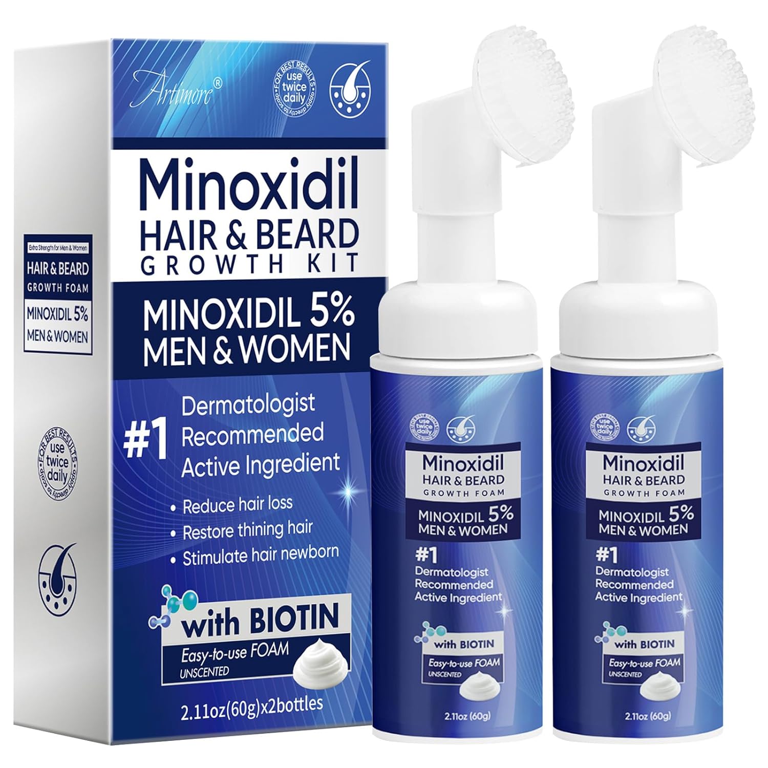 5% Minoxidil Foam for Men & Women, Extra Strength Hair Regrowth Treatment, Lightweight Non-Drip Formula for Scalp & Beard, Minoxidil for Men and Women 120ml (2 Packs)