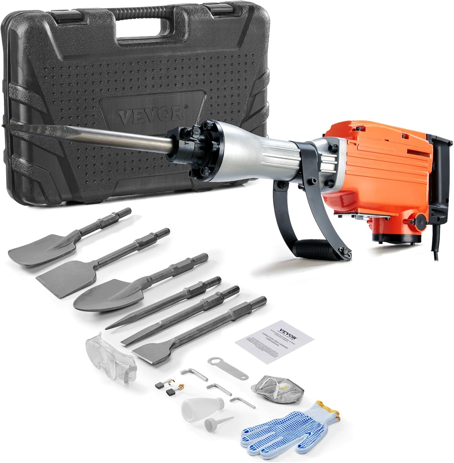 VEVOR Demolition Jack Hammer, MAX 2200W Electric Jackhammer Heavy Duty, 1350 BPM Concrete Breaker 6pcs Chisels Bit Chipping with Case