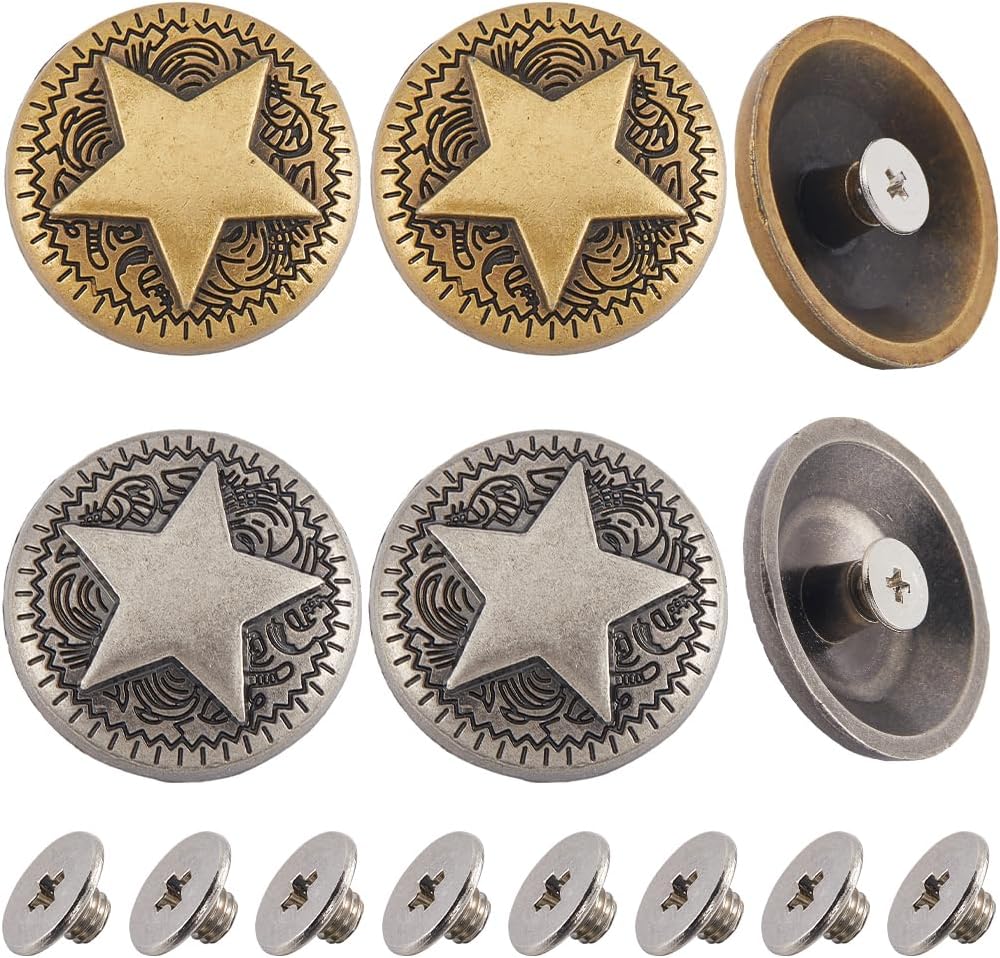 GORGECRAFT 1 Box 10 Sets 2 Colors Star Decorative Buckles Vintage Concho Screw Back Hollow Out Buttons Replacement Round Metal Buckle Castings for DIY Leather Sewing Craft Purse Bags Decor 1" Dia