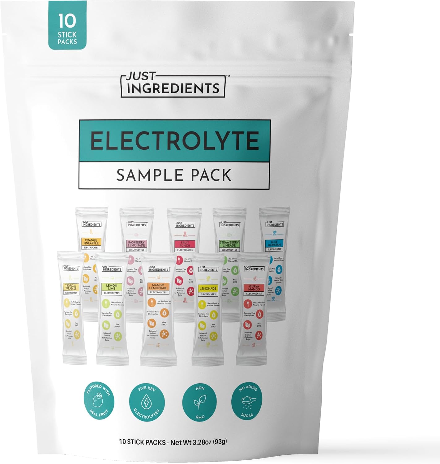 JUST INGREDIENTS Electrolyte Sample Pack - No Sugar - 10 Sticks | 3:1 Potassium To Sodium Ratio, 5 Key Minerals, Organic Coconut Water, Third Party Tested, Plant Based, Vegan