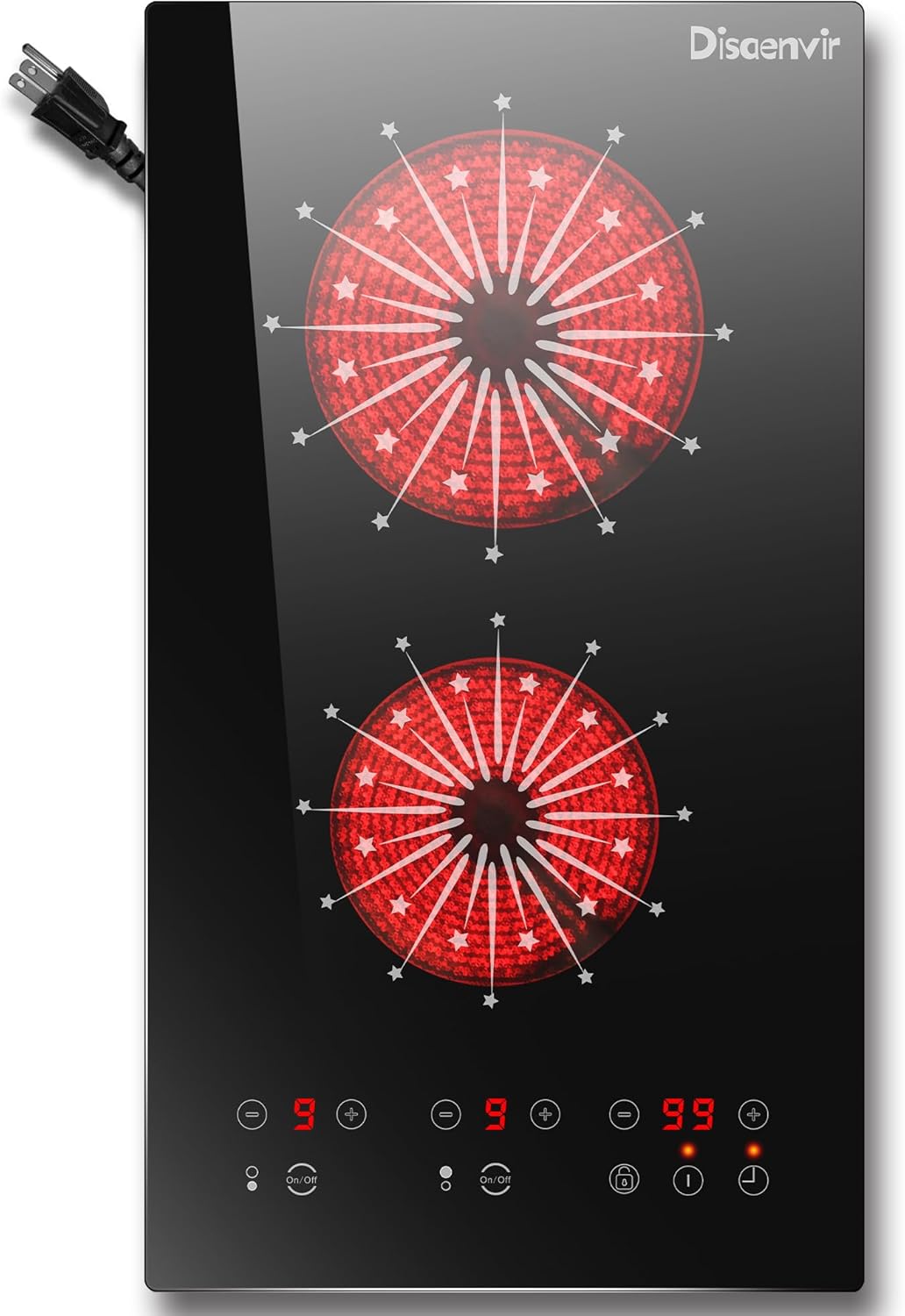 2 Burner Electric Cooktop - 12 Inch Electric Stovetop Built-in & Countertop 2000W, 120V Portable Two Burner Radiant Electrical Cook Top Sensor Touch Control, Timer, Safety Lock, 110V Plug in