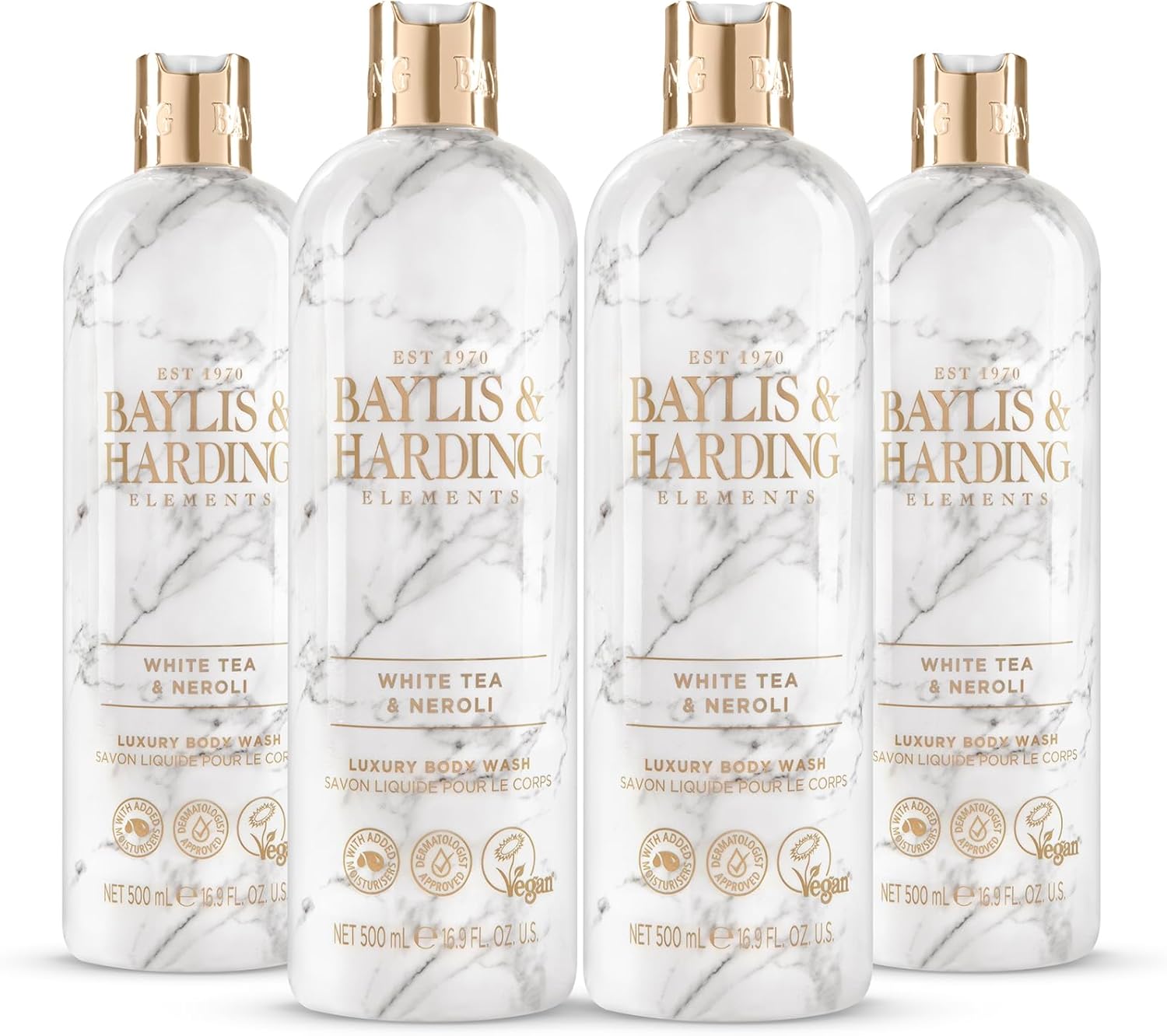 Baylis & Harding Elements White Tea & Neroli Luxury Body Wash, 500 ml (Pack of 4) - Vegan Friendly