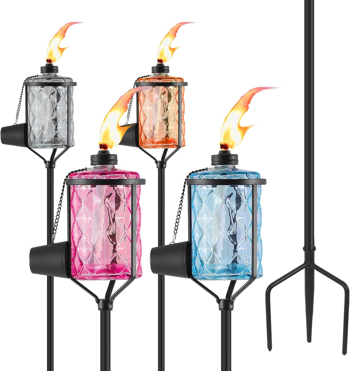 4 Pack Glass Torches, Citronella Torches with 3-Prong Grounded Stake, Refillable Flame Light Torch, Landscape Lanterns Torches for Garden Yard Patio Party Decor (Colorful)