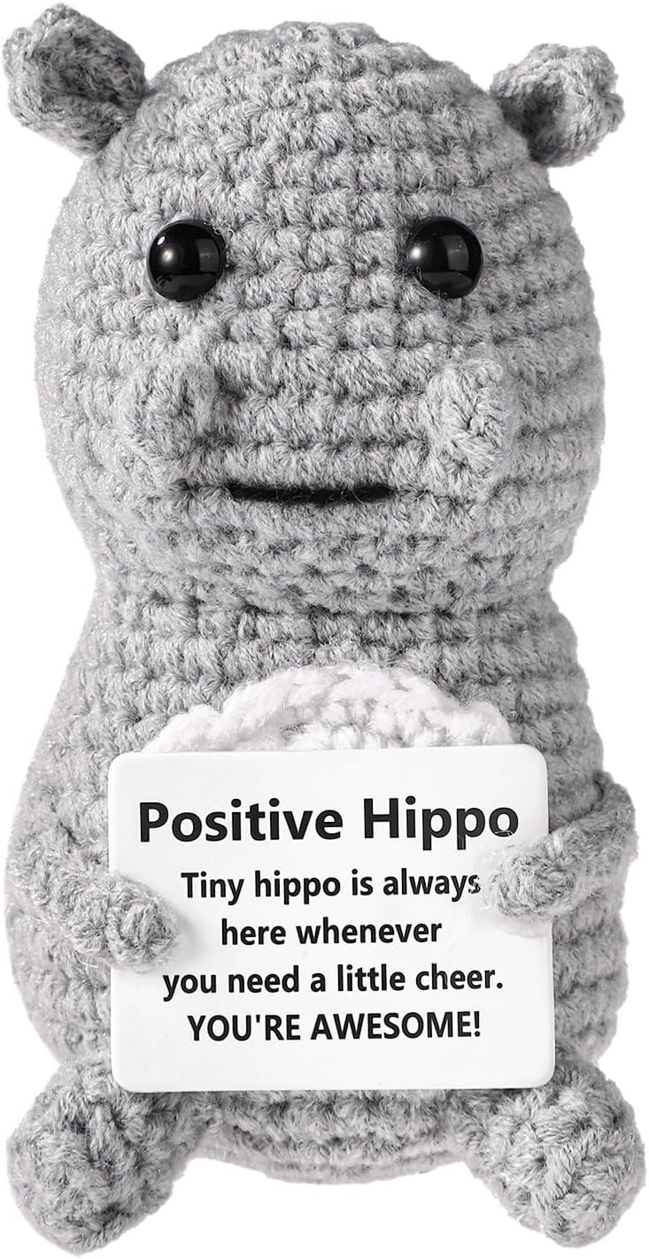 Positive Hippo, Emotional Knitted Positive Support Crochet Animal Doll with Positive Message Crocheted Hippo Positive Crochet Potato Gift for Inspirational Gift Home Office Car Decor(Grey)