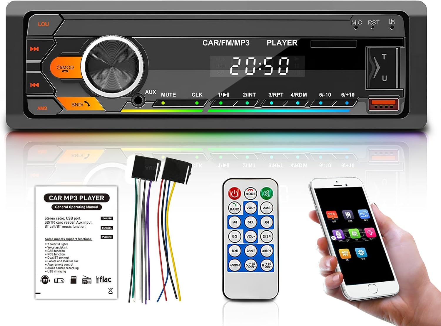 Single Din Car Stereo with Bluetooth 5.0 Hands Free Calling Voice Control, 7 Colors FM car radio with 2USB/AUX/SD/MP3 Player Remote Control, Car Audio System Car Stereo Receiver, Supports iOS/Android