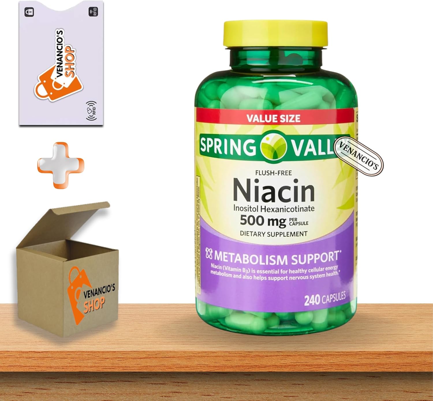 Vitamin B3 Niacin 500 mg Flush Free Capsules • Energy Metabolism Support • Nervous System Health • Dietary Supplement • 240 Pills by Spring Valley + Vena’s Sticker (Pack of 1)