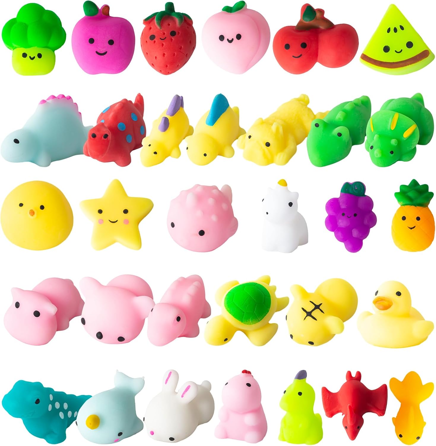 32Pcs Mochi Squishy Toys, Kawaii Animals Dinosaur Fruits Mini Squeeze Toys Pack, Soft Squishies Stress Relief Sensory Fidget Toys Party Bags Fillers for Kids Birthday Party Favors Gifts