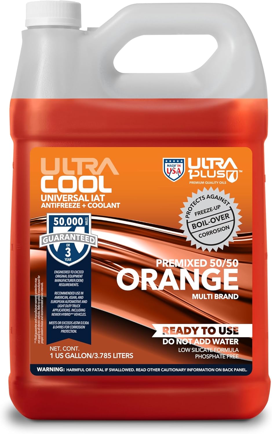 ULTRA 1PLUS Antifreeze Coolant - Universal Premixed 50/50 Orange - Ready to use Engine coolant - Gallon 4 QTS