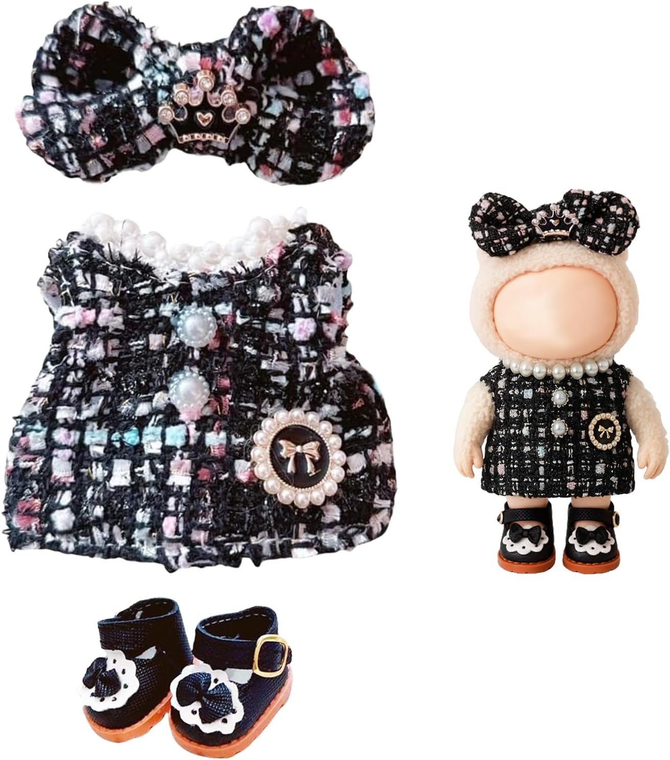 Mrltau Cute Doll Clothes 17 Cm for Labubu Doll, Bows Hair Clip Coat Shoes for Labubu Clothes Accessories, Doll Accessories Gifts for Girls Boys