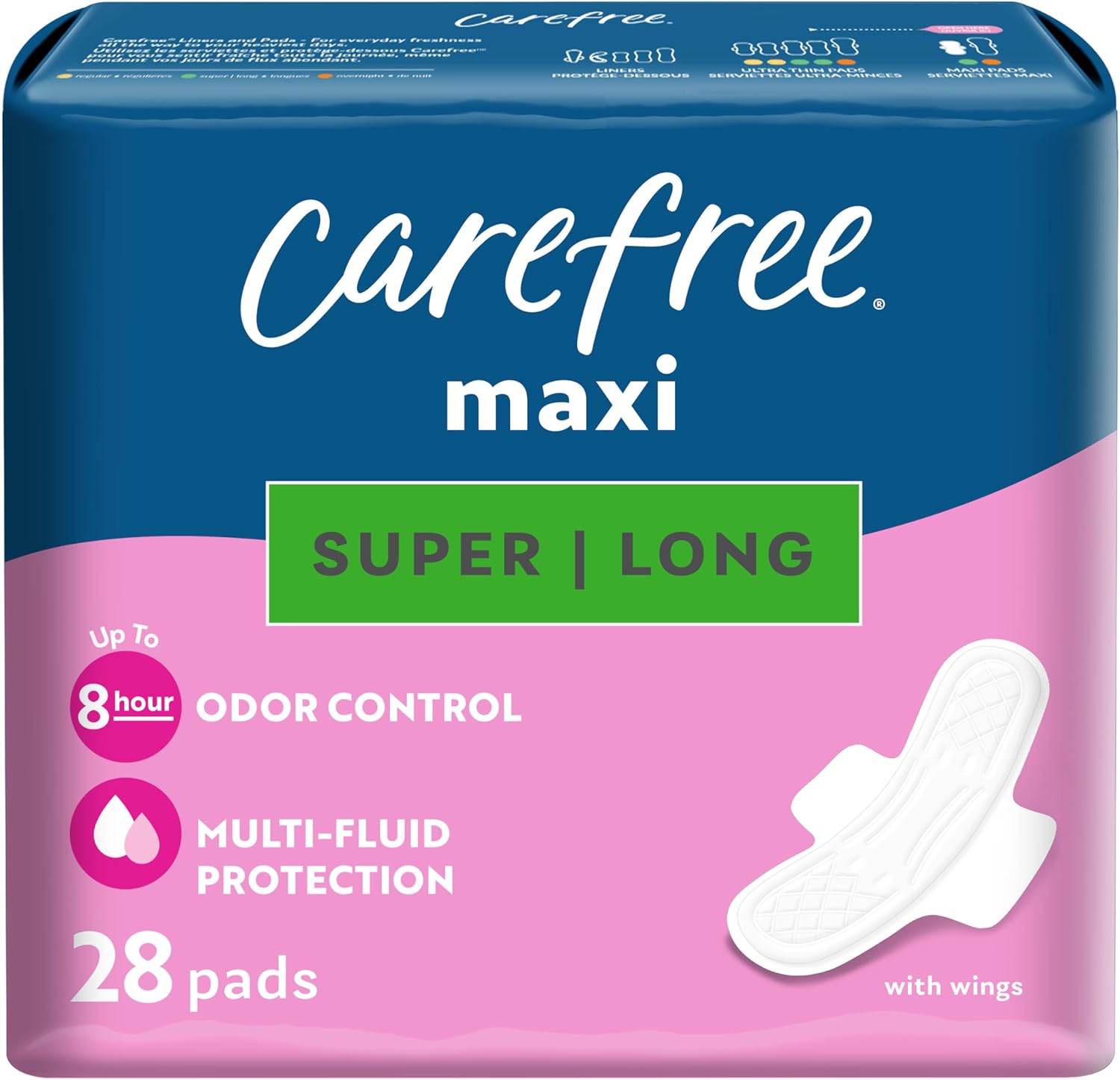 Carefree Maxi Pads for Women, Super/Long Pads with Wings, 28ct | Carefree Pads, Feminine Care, Period Pads & Postpartum Pads | 28ct (Pack of 1)