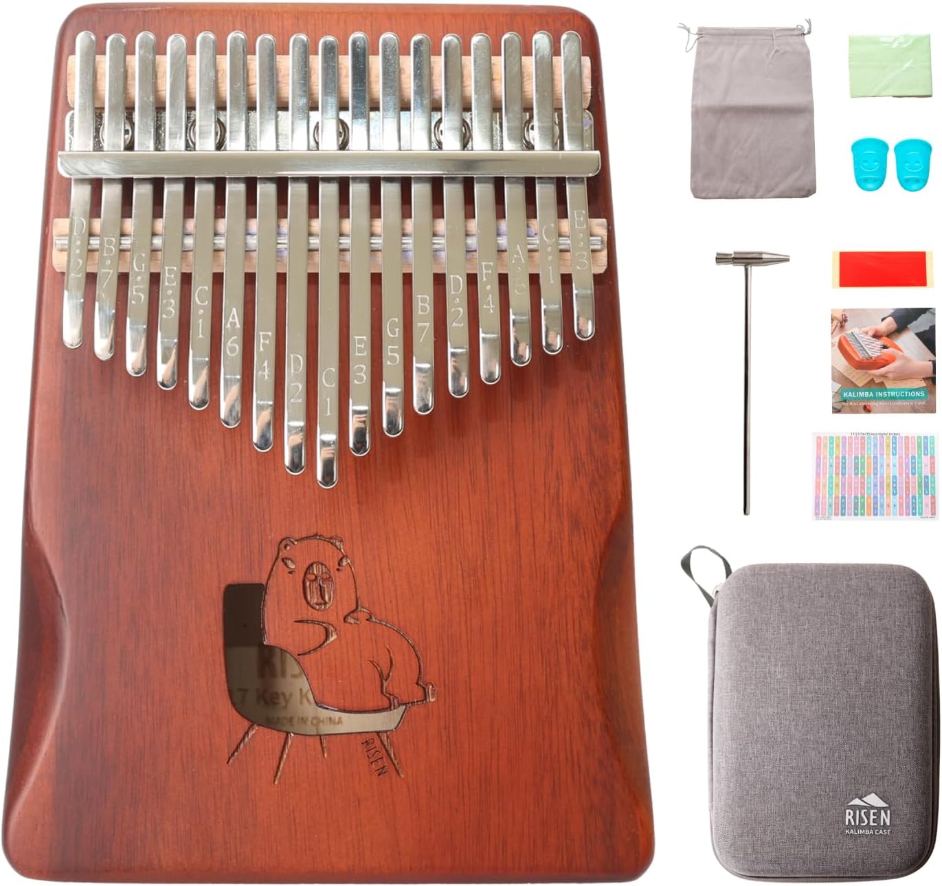 Risen Kalimba, Gradient Brown 17 Keys, Thumb Piano, Metal Keys with Scale Engraving, Capybara Design,Small Musical Instrument, Gifts For Beginner, Music Love (Capybara Couch Potato Red-Brown)