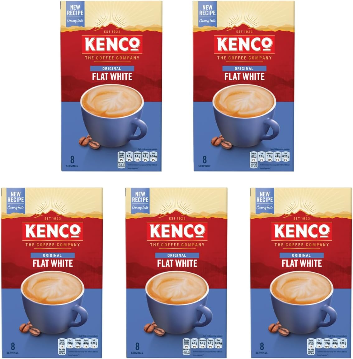 Kenco Flat White Instant Coffee Sachets s 8x14.8g (Pack of 5, Total 40 Sachets, 592g)