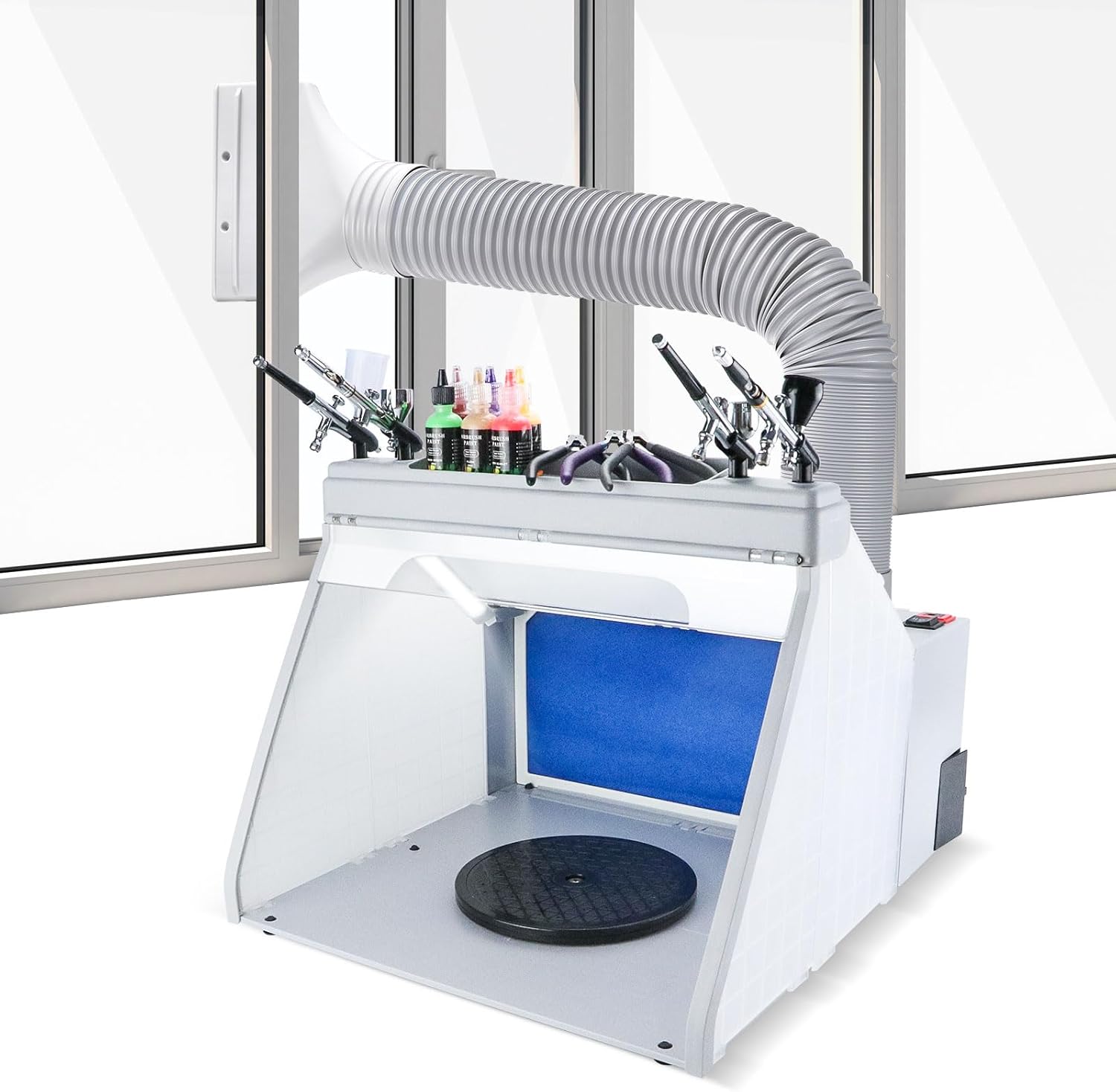 Anesty Airbrush Spray Booth with Bright LED Lights Detachable Tray Turn Table Upward Hose and Extra Replacement Filter, Portable Paint Booth Can be Used with LEDs Only