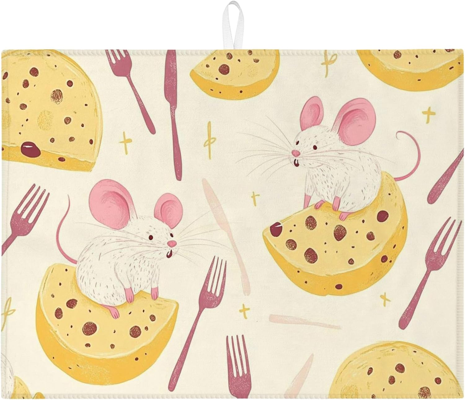 Cheese Mice Dish Drying Mats For Kitchen Counter, Fanciful Peach Mouse and Cheese Pattern Absorbent Dish Draining Pad, Fun Microfiber Drying Mat For Fall Gatherings 18x24 Inch