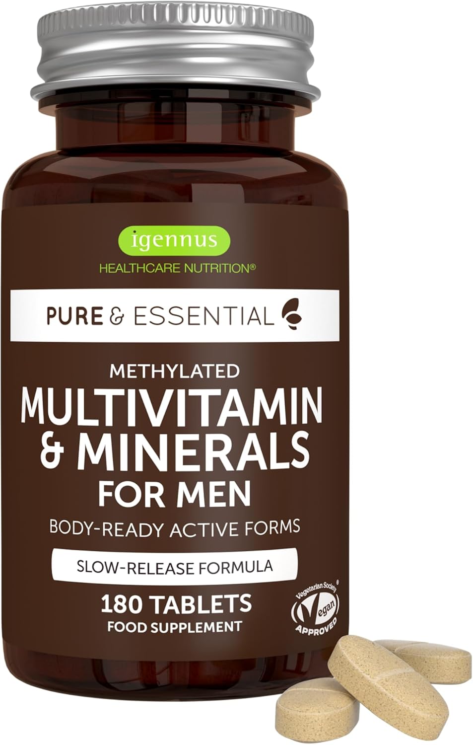 Igennus Methylated Men's Multivitamin, 21 Actives Expertly Formulated For Male Wellness, Clean Label, All Day Nutrient Delivery, Energy & Heart Health,180 Easy-to-Swallow Vegan Tablets, Non-GMO, Halal