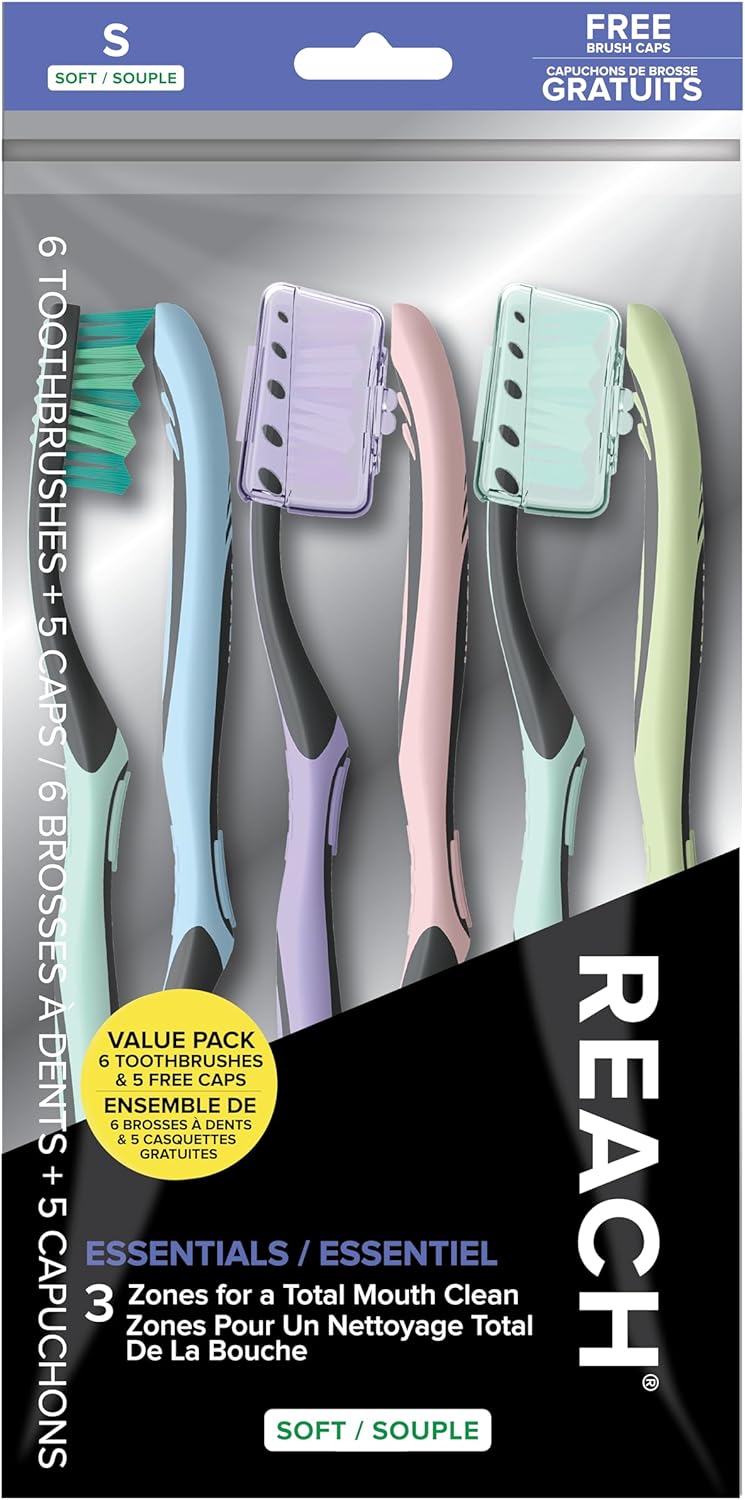 Reach Essentials Toothbrush with Toothbrush Caps, Multi-Zoned Angled Soft Bristles, Contoured Handle, Tongue Scraper, 6 Count