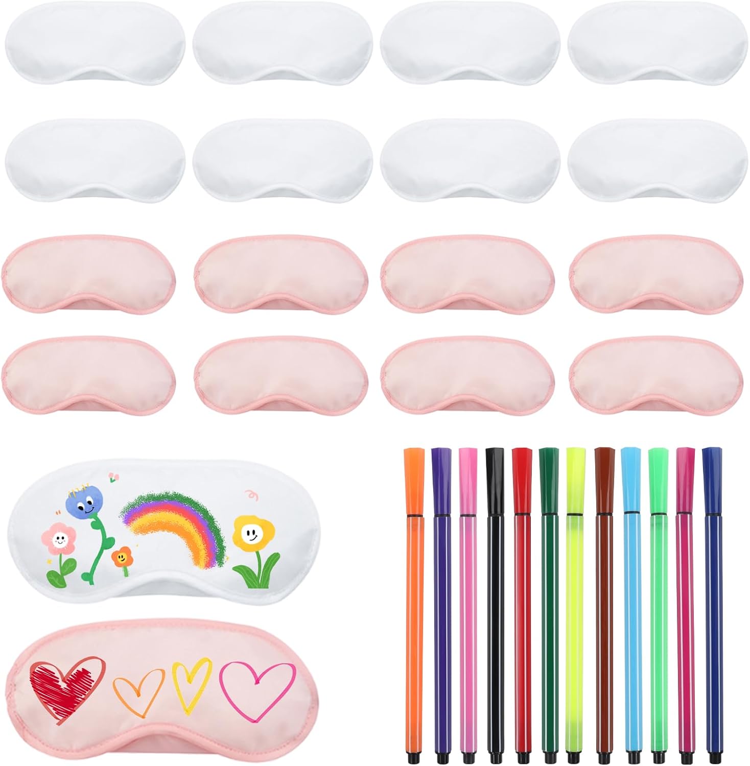 Sleepover Party Supplies for Girls, Sleepover, Sleepover kit, 16 Pcs Sleep Eye mask Bulk Party Supplies, 12 Fabric Marker Pens, DIY Color Your Own Eye Covering for Travel Game Sleepover Party Supply