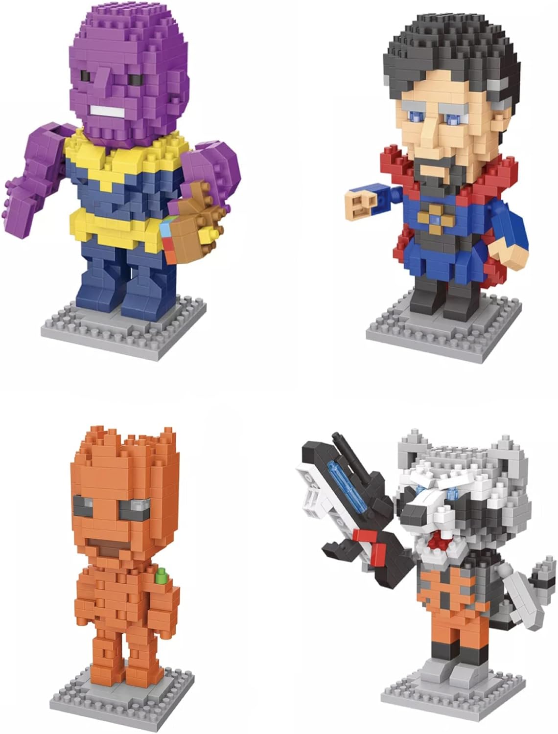 "MINIFIGS" Nano bloc Sets Superhero Series - 4 Pack Figurine models - Mini Blocks Toy - Thanos Dr Strange Groot Rocket raccoon - Micro Blocks UK