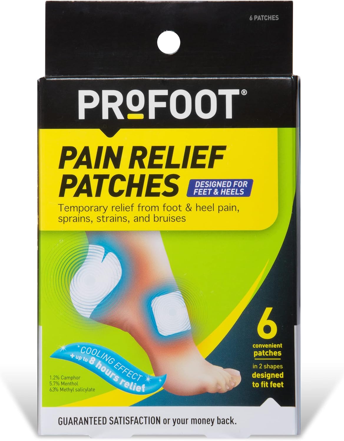 PROFOOT Pain Relief Patches for Foot & Heel Pain, Cooling Camphor & Menthol, Up to 8 Hours Relief from Sprains, Strains & Bruises, 2 Shapes Designed to Fit Feet, 6 Count
