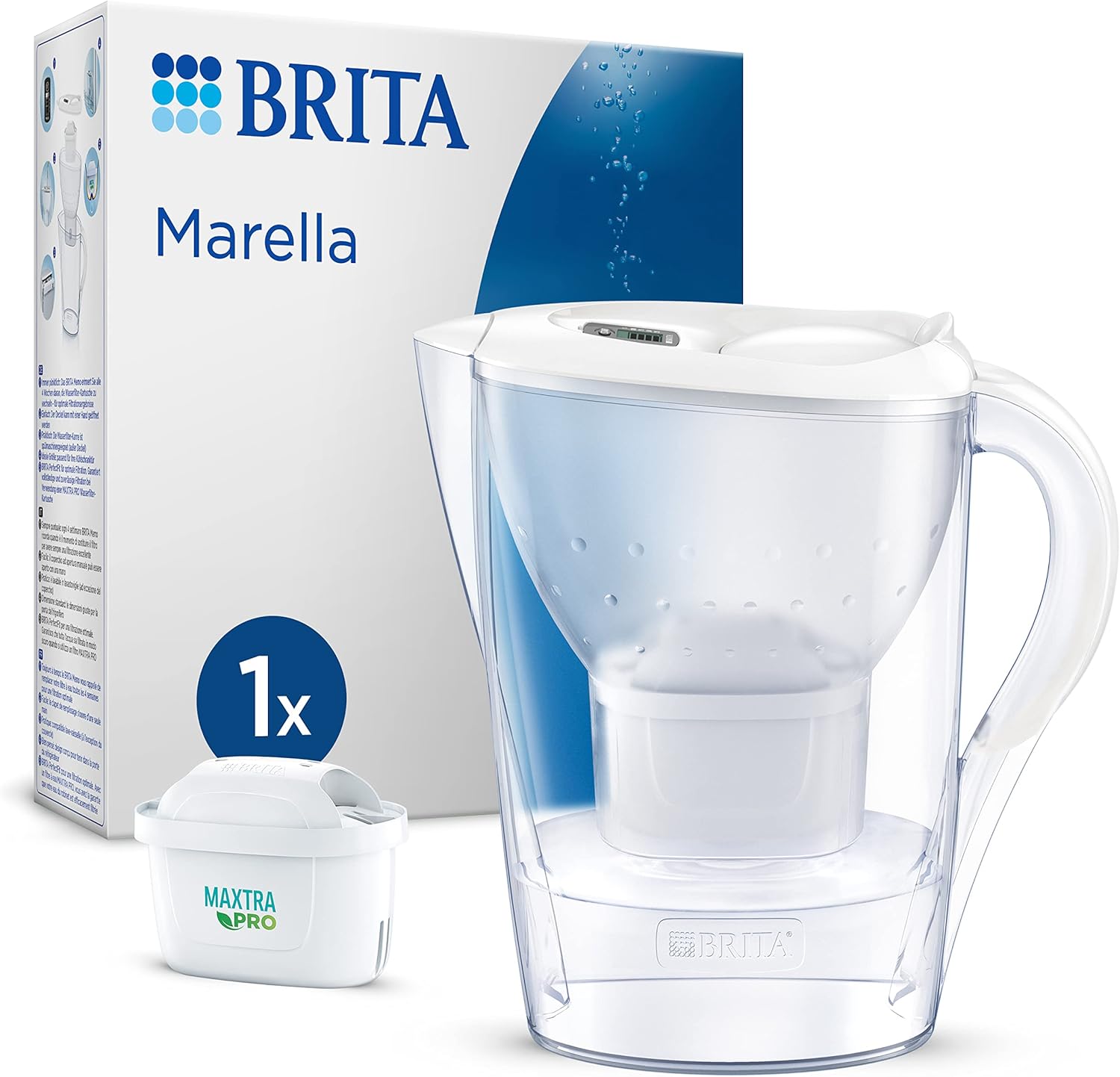 BRITA Marella Water Filter Jug White (2.4L) incl. 1x MAXTRA PRO Pure Performance cartridge - fridge-fitting jug with digital LTI and Flip-Lid - now in sustainable Smart Box packaging