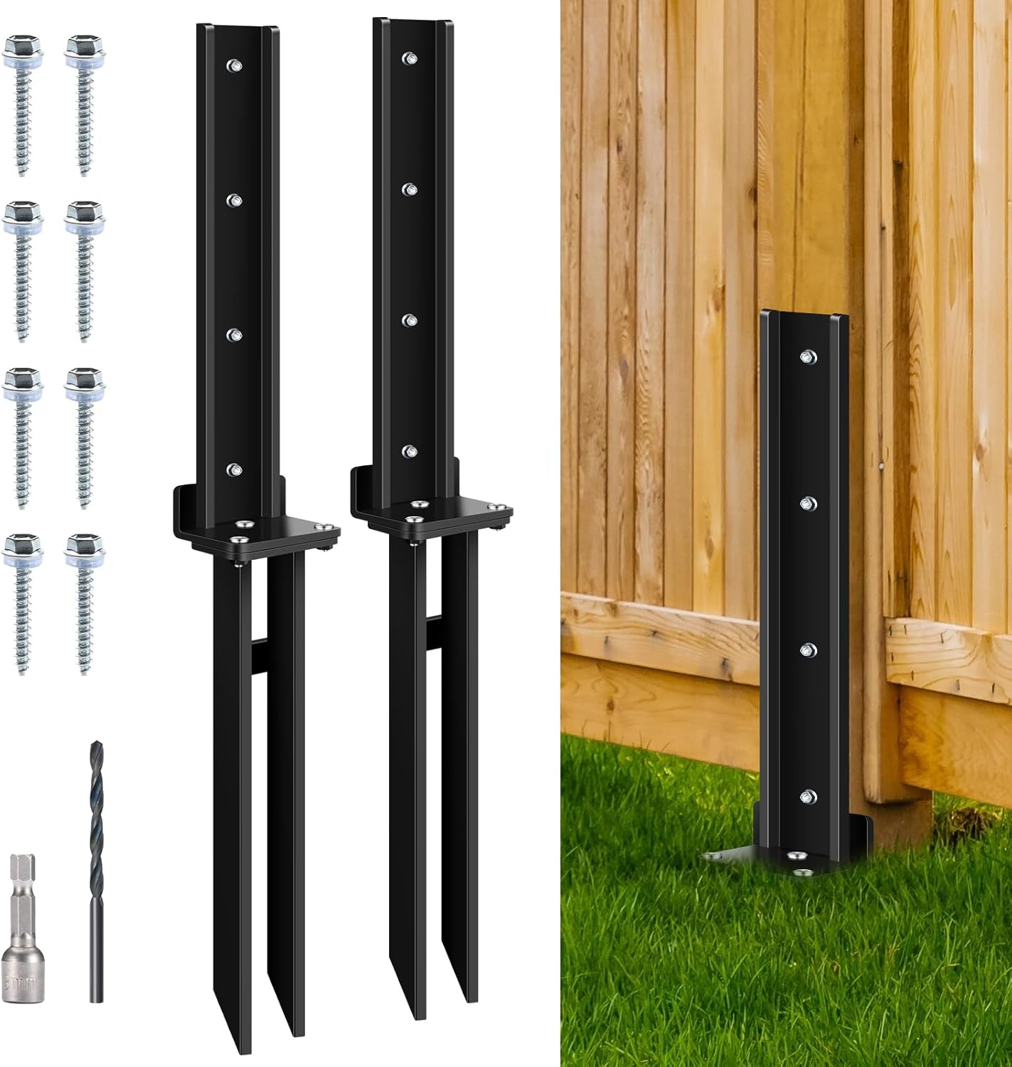 2 Pack Fence Post Anchor Kit, Heavy Duty Steel Fence Post Repair Stakes, Post Anchor Ground Spike for Repairing Tilted Broken Wood Support, Black