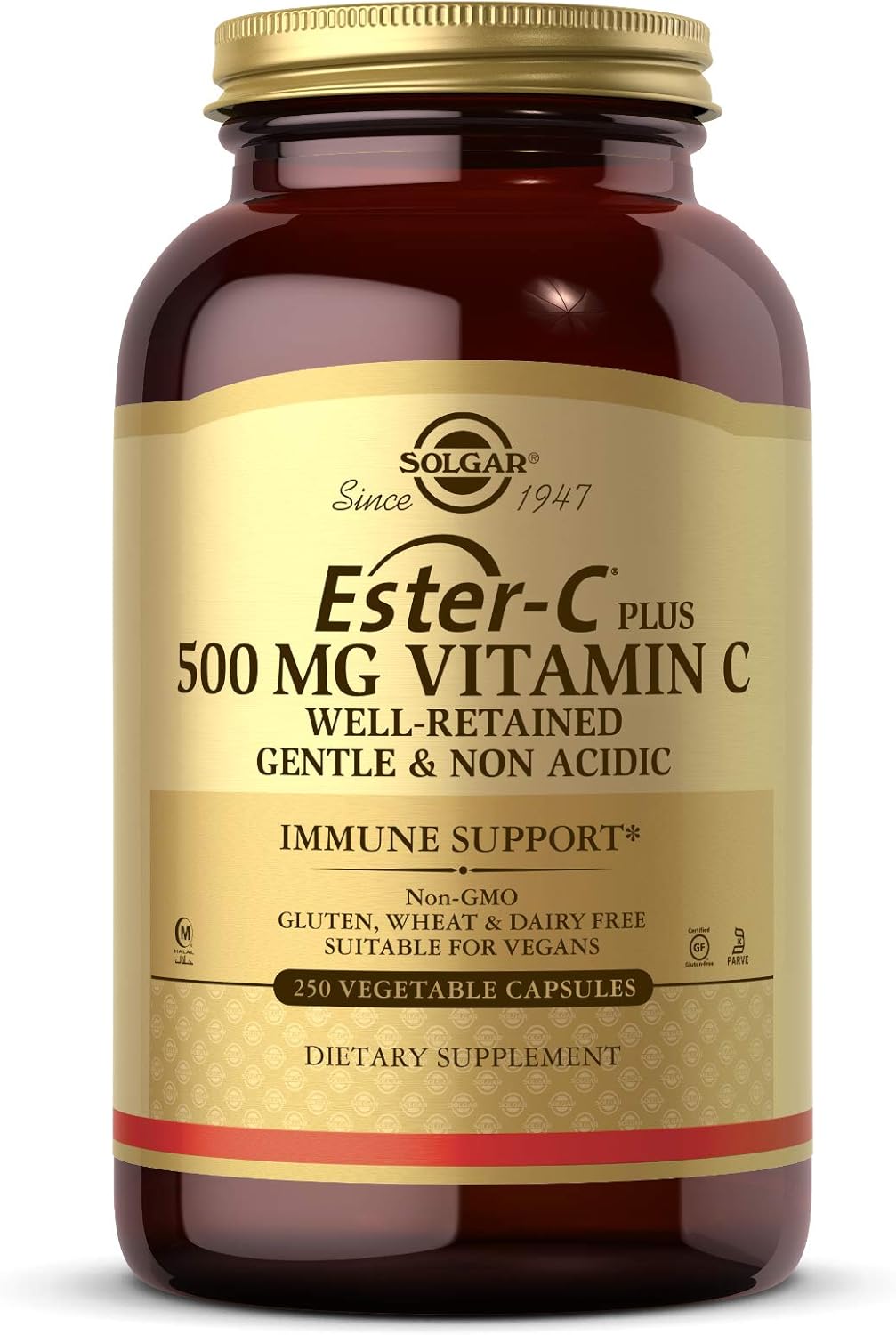 Solgar Ester-C Plus 500 mg Vitamin C (Ascorbate Complex), 250 Vegetable Capsules - Gentle & Non Acidic - Antioxidant & Immune Support - Non GMO, Vegan, Gluten Free, Kosher - 250 Servings