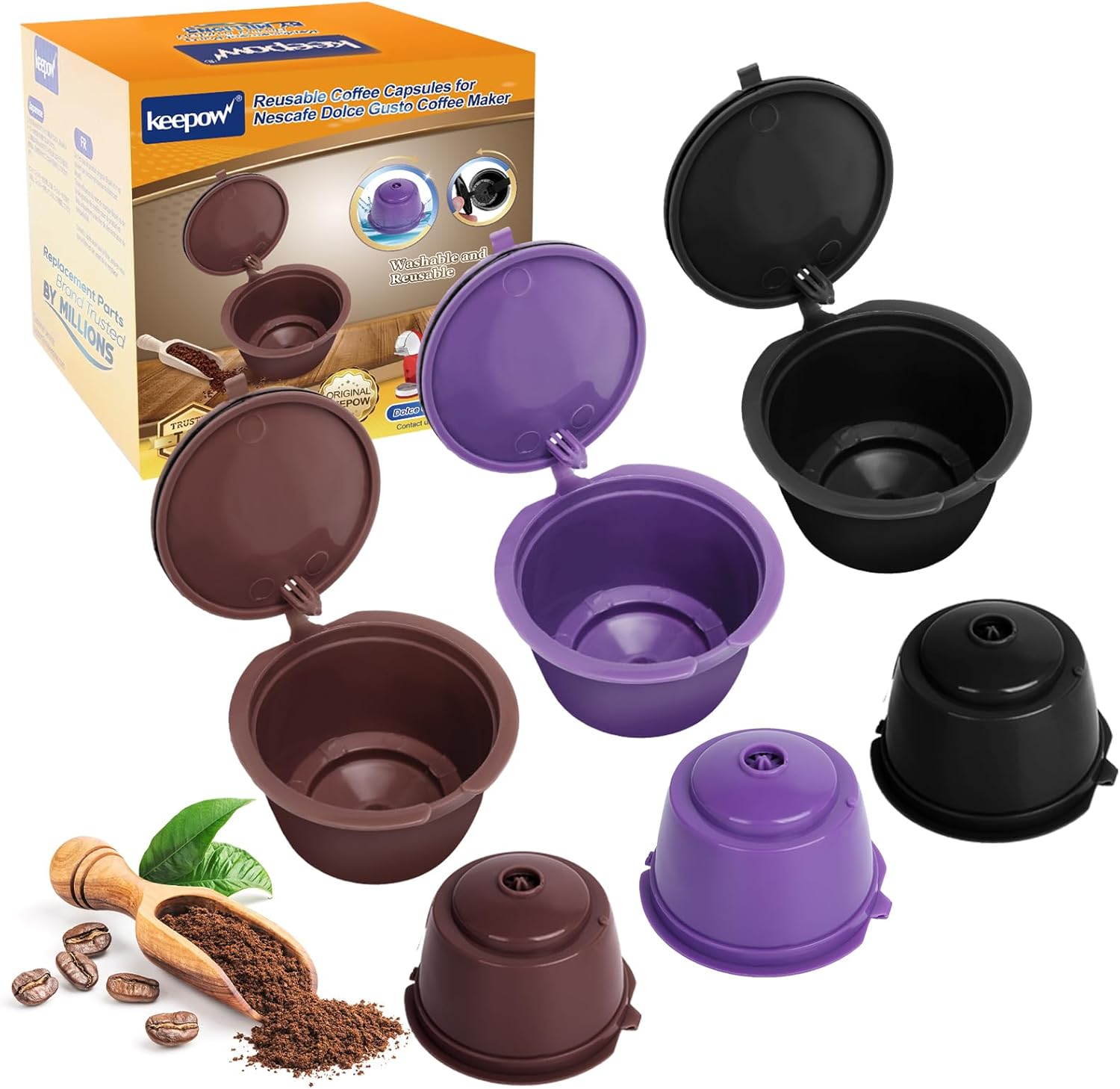 KEEPOW Reusable Coffee Capsules Compatible with Nescafe Dolce Gusto Machine, Refillable Coffee Pods 6 Pack (2 * Black + 2 * Brown + 2 * Purple)