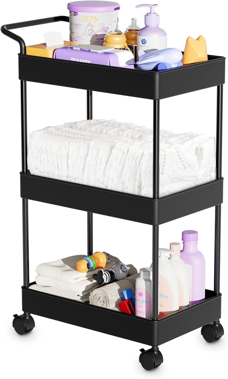 Baby Diaper Caddy, Plastic Movable Cart for Newborn Nursery Essentials Diaper Storage Caddy Organizer for Changing Table & Crib, Easy to Assemble, Black