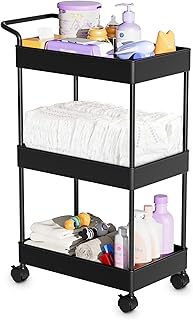 Baby Diaper Caddy, Plastic Movable Cart for Newborn Nursery Essentials Diaper Storage Caddy Organizer for Changing Table & Crib, Easy to Assemble, Black