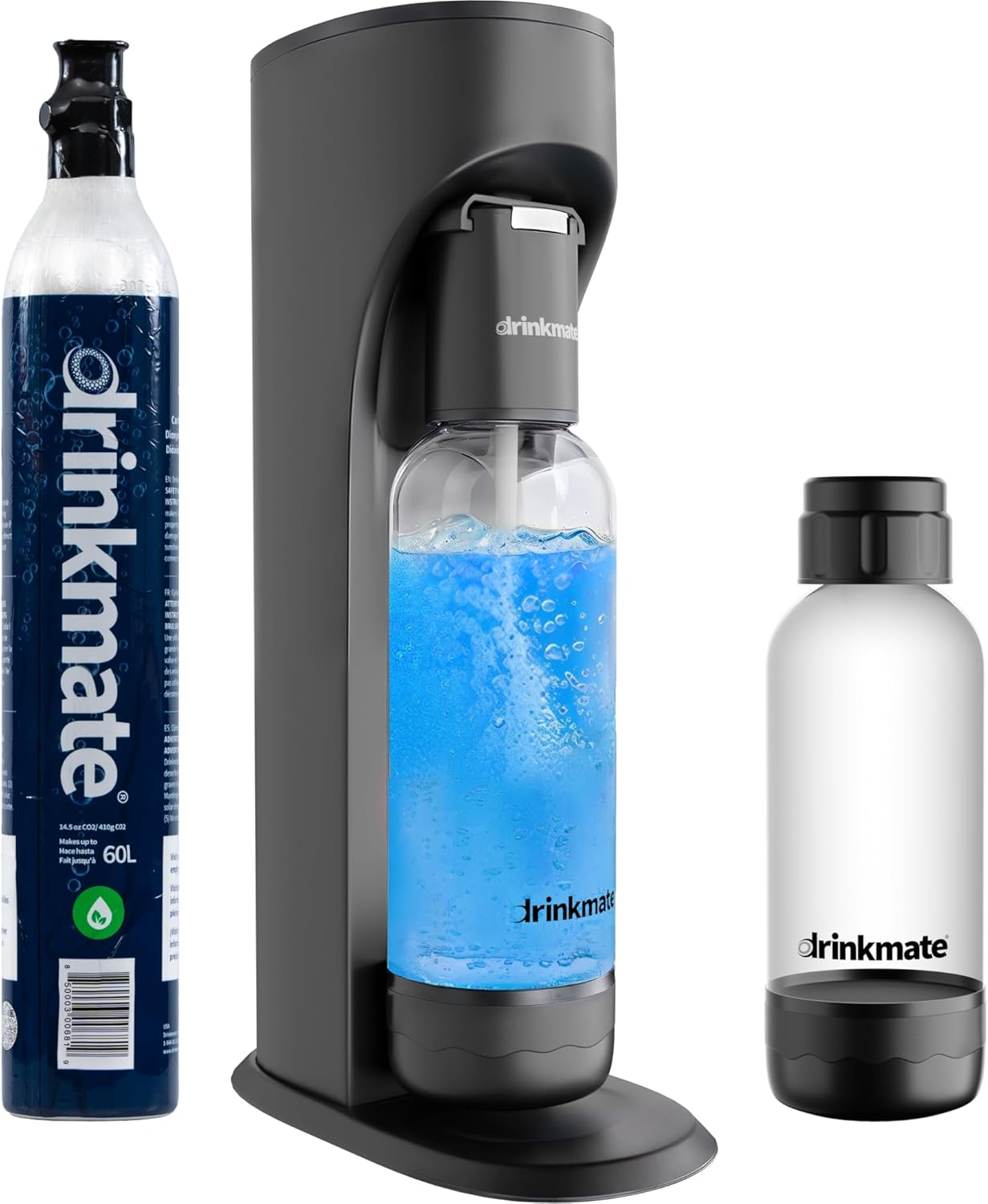 DrinkMate Sparkling Water and Soda Maker, Carbonates ANY Drink, Includes One 1L and One 0.5L Re-usable BPA-free Carbonating Bottles, 60L CO2 Cylinder and Patented Fizz Infuser, Matte Black