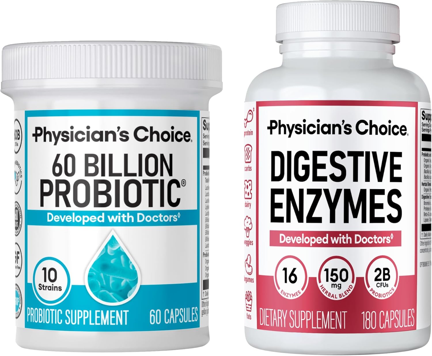 Physician's CHOICE - Optimal Gut Health Bundle: 60 Billion Probiotic 60ct + Digestive Enzyme 180ct for Digestive Comfort and Immune Support - Value Bundle