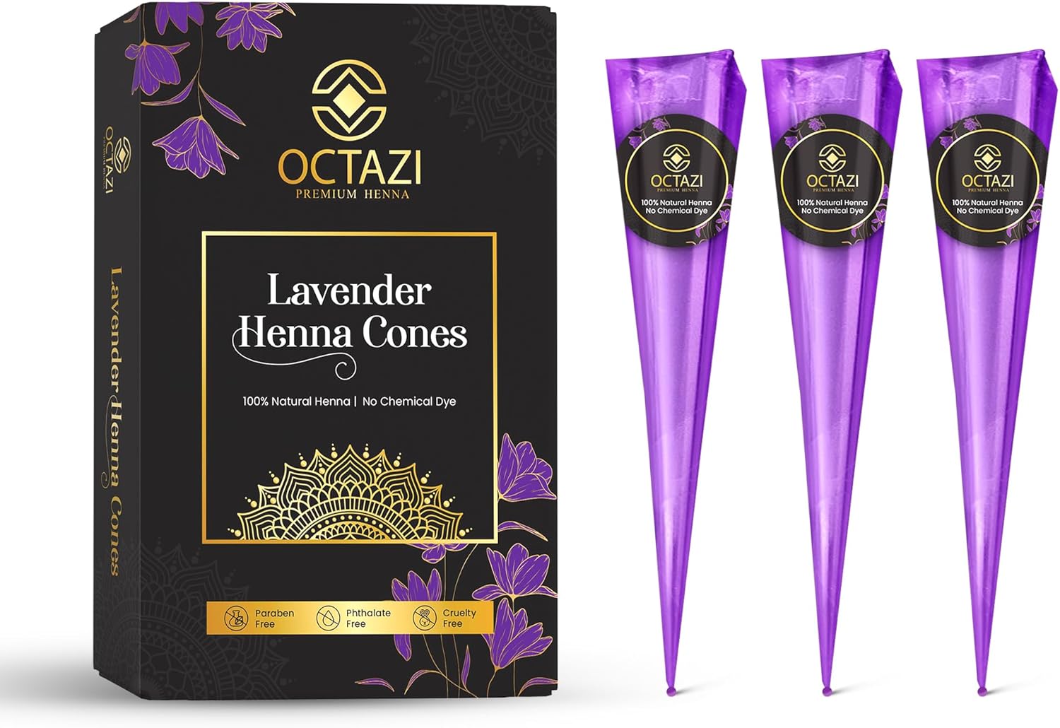 OCTAZI - LAVENDER HENNA CONES - Dark Brown Indian Mehendi Cones For Temporary Body Art Tattoo All Natural Organic Herbal Pure Mehndi Henna Paste Cone, No Chemicals, No Dyes, Ready To Use (3 Cones)