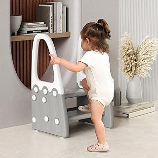 Toddler Step Stool, Kids Two Step Tower for Bathroom Sink, Toilet Potty Training, Kitchen Counter, Children Step Up Learning Helper with Safety Handles and Non-Slip Pads,Gray