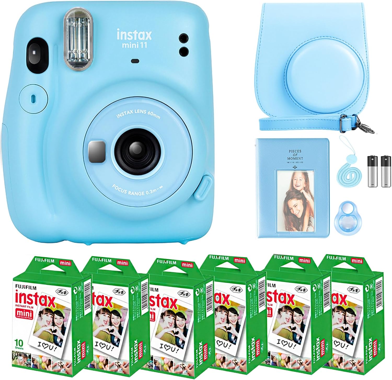 Fujifilm Instax Mini 11 Camera with Fujifilm Instant Mini Film (60 Sheets) Bundle with Deals Number One Accessories Including Carrying Case, Selfie Lens, Photo Album, Stickers (Sky Blue)