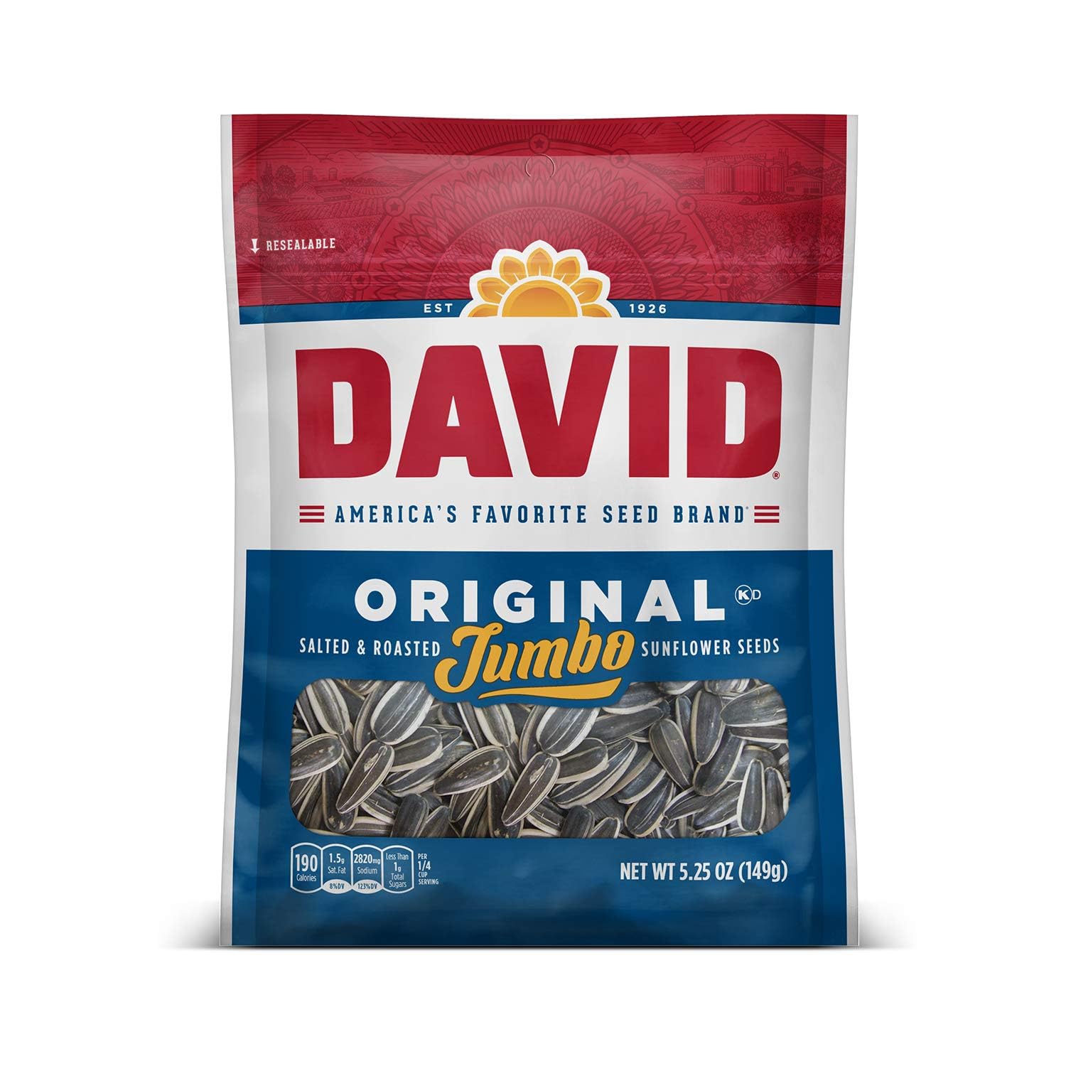 DAVID Roasted and Salted Jumbo Sunflower Seeds, Original Flavor, 5.25oz.