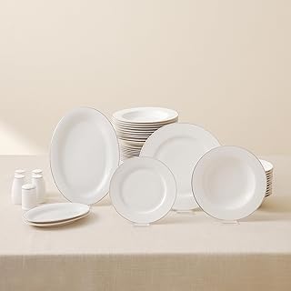 Karaca Lexi Platin Dinnerware Set for 12, 56 Piece, Bone China, Dinner Plates, Cake Plates, Soup Bowls, Salt, Pepper Shakers, Dish Set, Dishwasher Safe, Plates and Bowls Sets, White Platinum