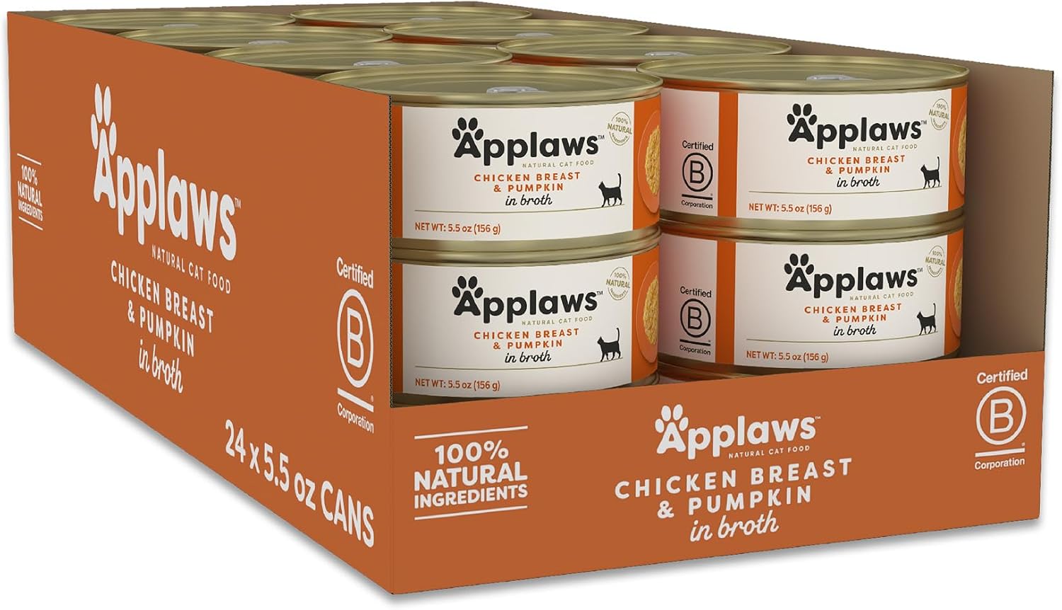 Applaws Natural Wet Cat Food, 24 Count, Limited Ingredient Canned Wet Cat Food, Chicken Breast with Pumpkin in Broth, 5.5oz Cans