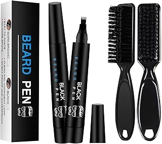 Beard Pen, 2 Pack Beard Pencil Filler for Men Black- Water Proof Beard Pen and Beard Brush Long Lasting Coverage Natural Finish, Male Mustache Repair Shape (2 Brush)