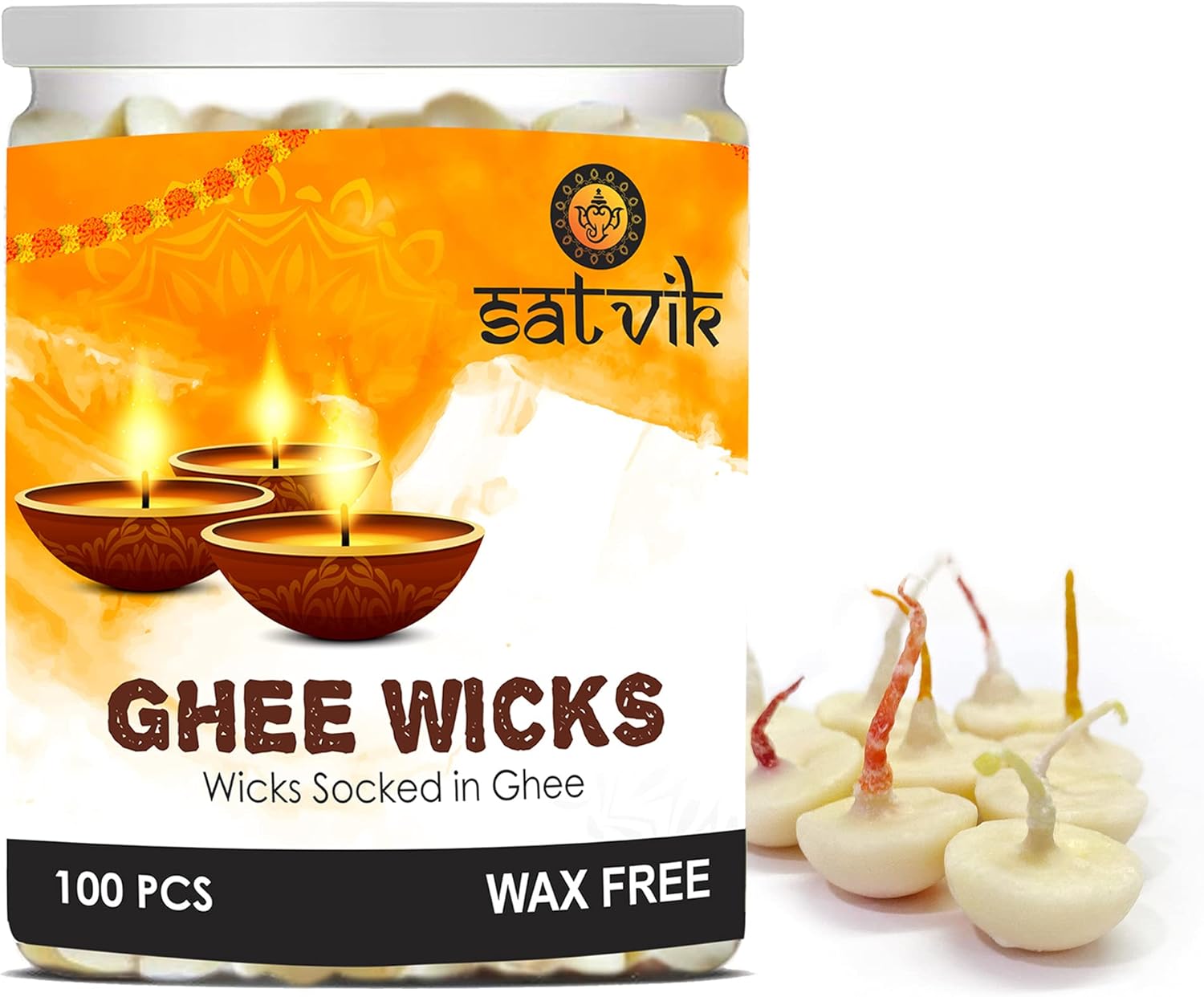 SATVIK 100 Pc Pure Ghee Wicks for Puja (Upto 30 Mins) Pooja Home and Mandir. Nitya Pujan Readymade Ghee Jyot Jyoti Pujan Indian Housewarming Return Gift Items Accessories. Diwali Cotton Wicks